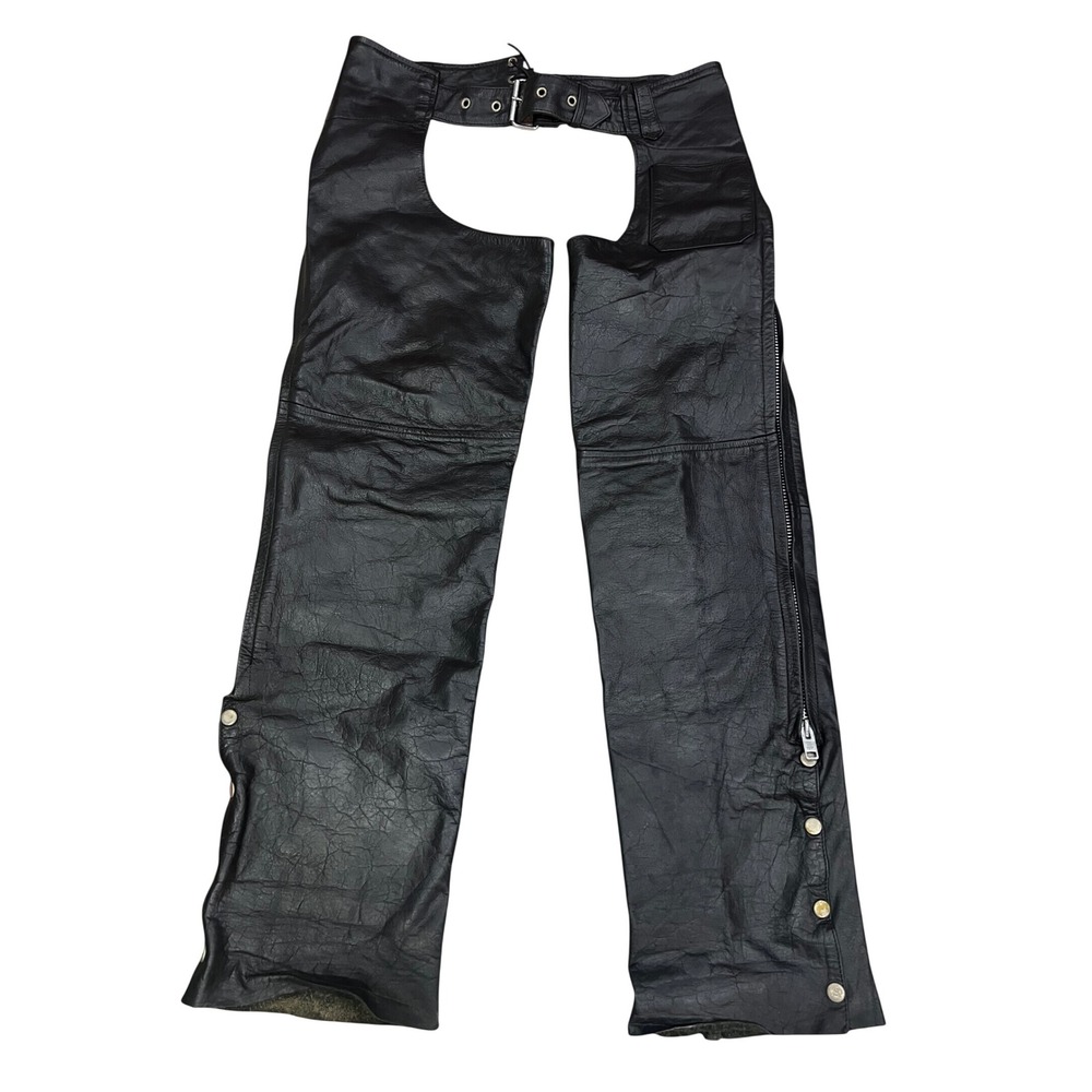 Vintage Protech Black Leather Biker Motorcycle Chaps Western Moto Medium